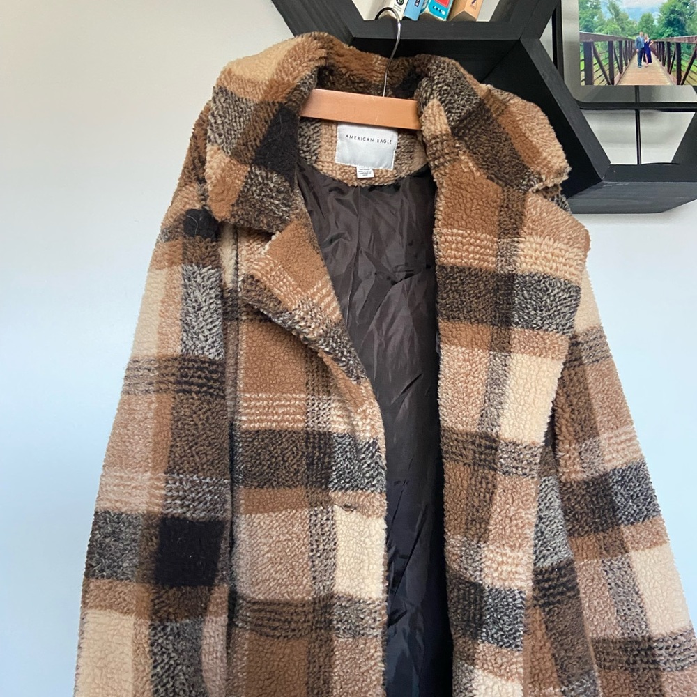 American Eagle Plaid Teddy Coat